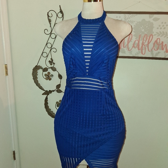 Luxxel Royal Blue Asymmetrical Halter Dress - Picture 5 of 6